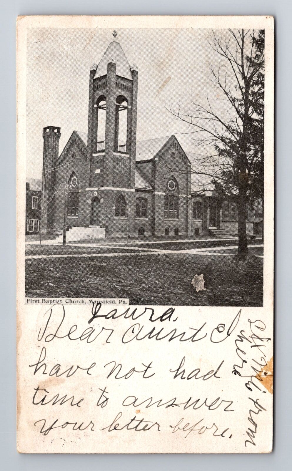 Mansfield PA-Pennsylvania, First Baptist Church Religion Vintage c1906 Postcard