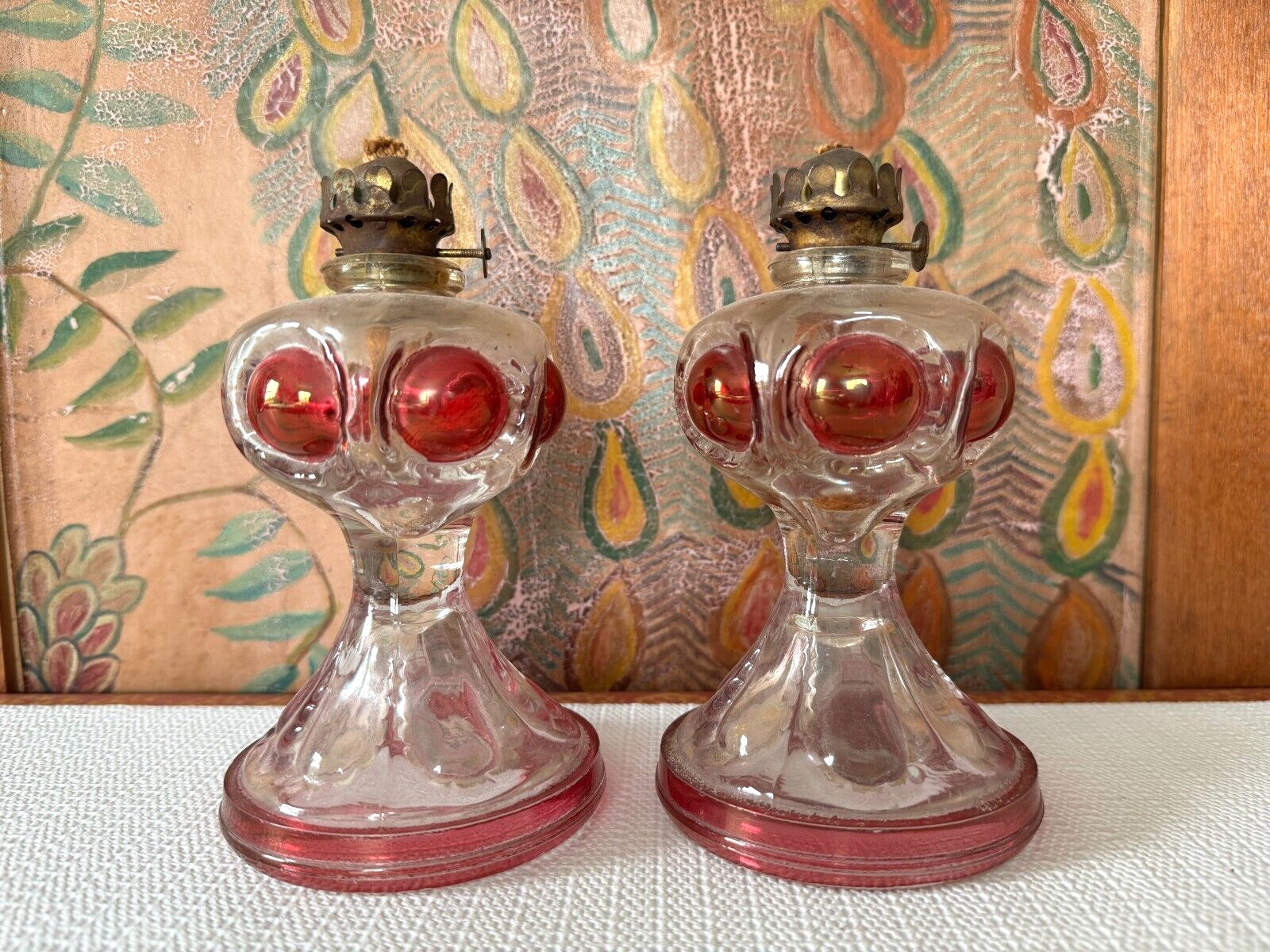 Antique Pair Tiffin Style Ruby Red Flashed Bullseye Mini Kerosene Oil Lamp Bases