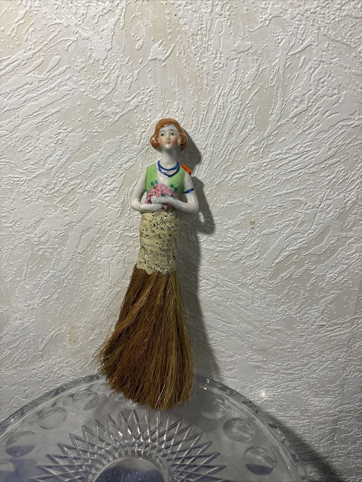 Vintage Porcelain Half Doll Half Brush Broom Lady Figurine Vanity Brush 10”as/is
