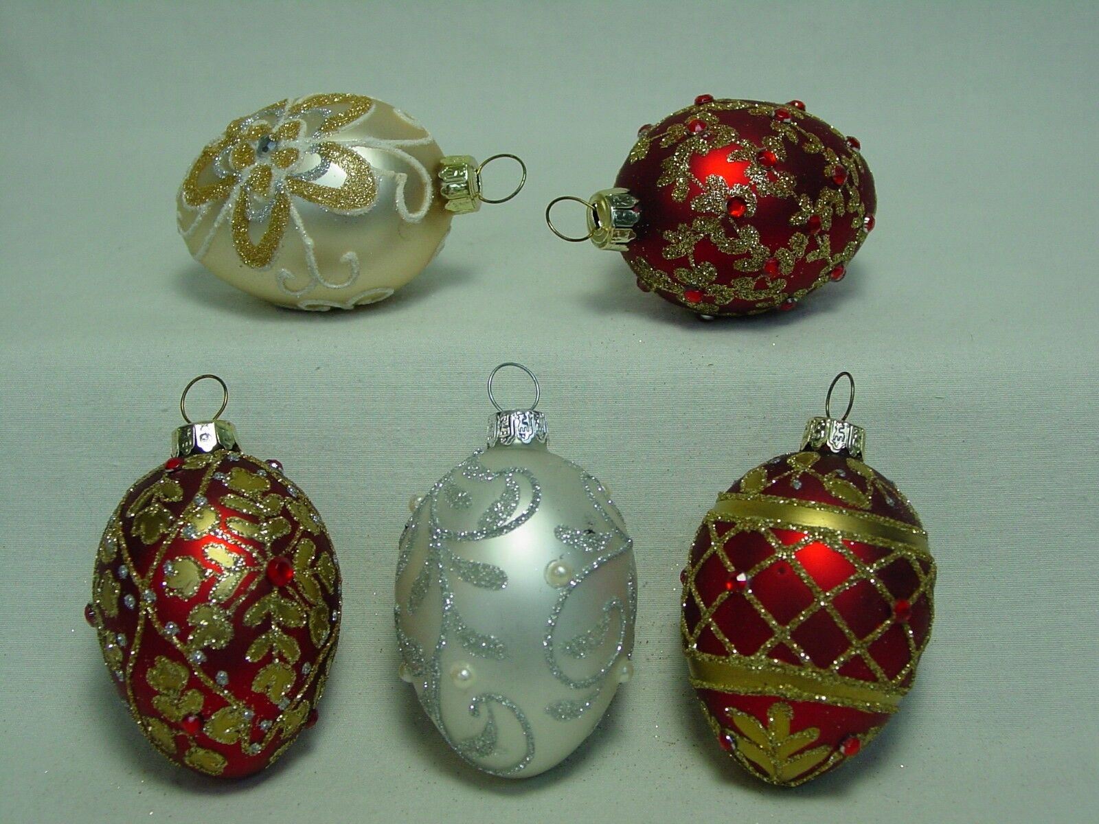NOS Set Lot 5 Blown Glass Vtg Faberge Egg Design Style Easter Xmas Tree Ornament