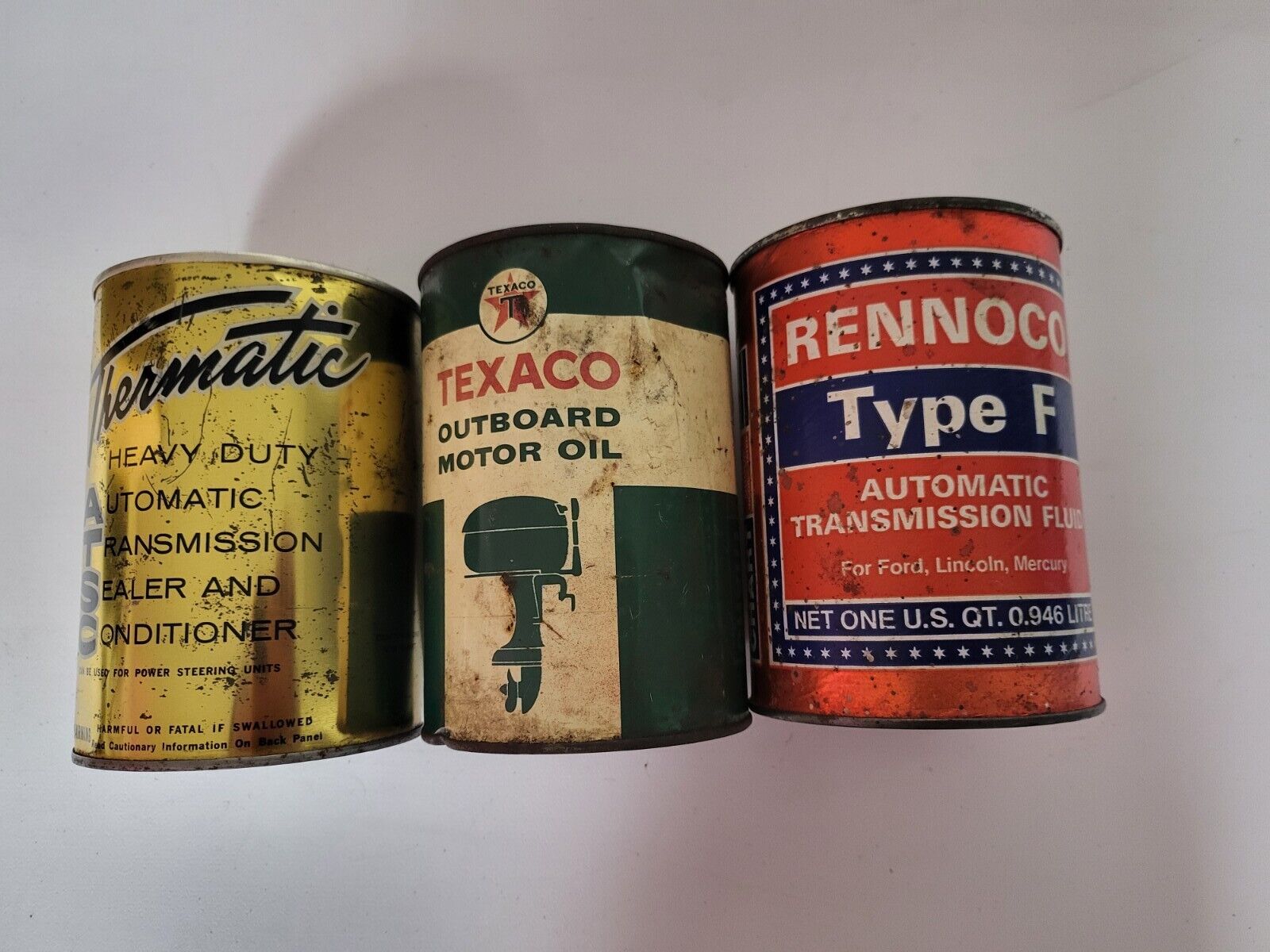 3 VINTAGE UNOPENED CANS. 1 TEXACO OUTBOARD MOTOR OIL, 1 RENNOCO TYPE F TRANS...