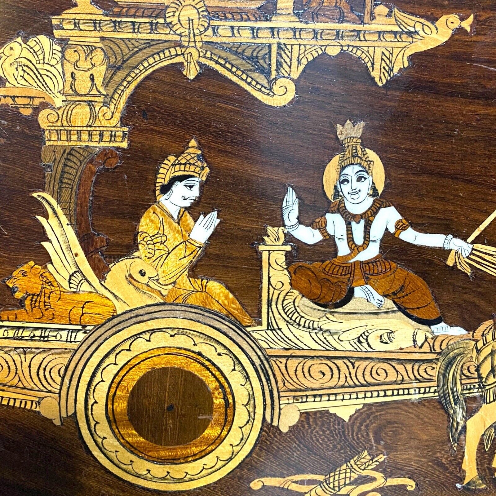 Vintage Wood Panel Wall Decor Art: Krishna & Arjuna Before Battle Bhagavad Gita 