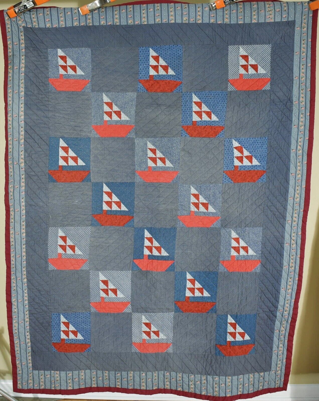 Vintage Red, White & Blue Sailboats Quilt ~GORGEOUS PATRIOTIC FABRICS