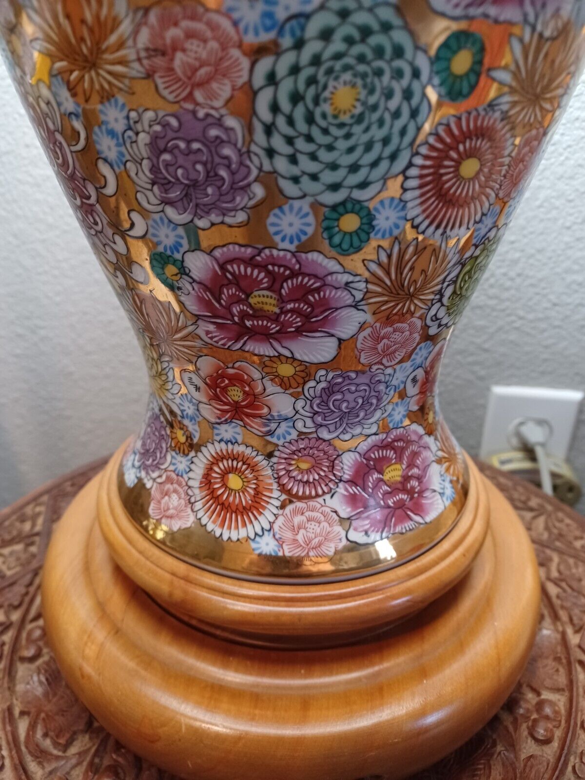 VERY Large Vintage Colorful Retro Floral Asian/Chinoiserie/Cloisonne Lamp
