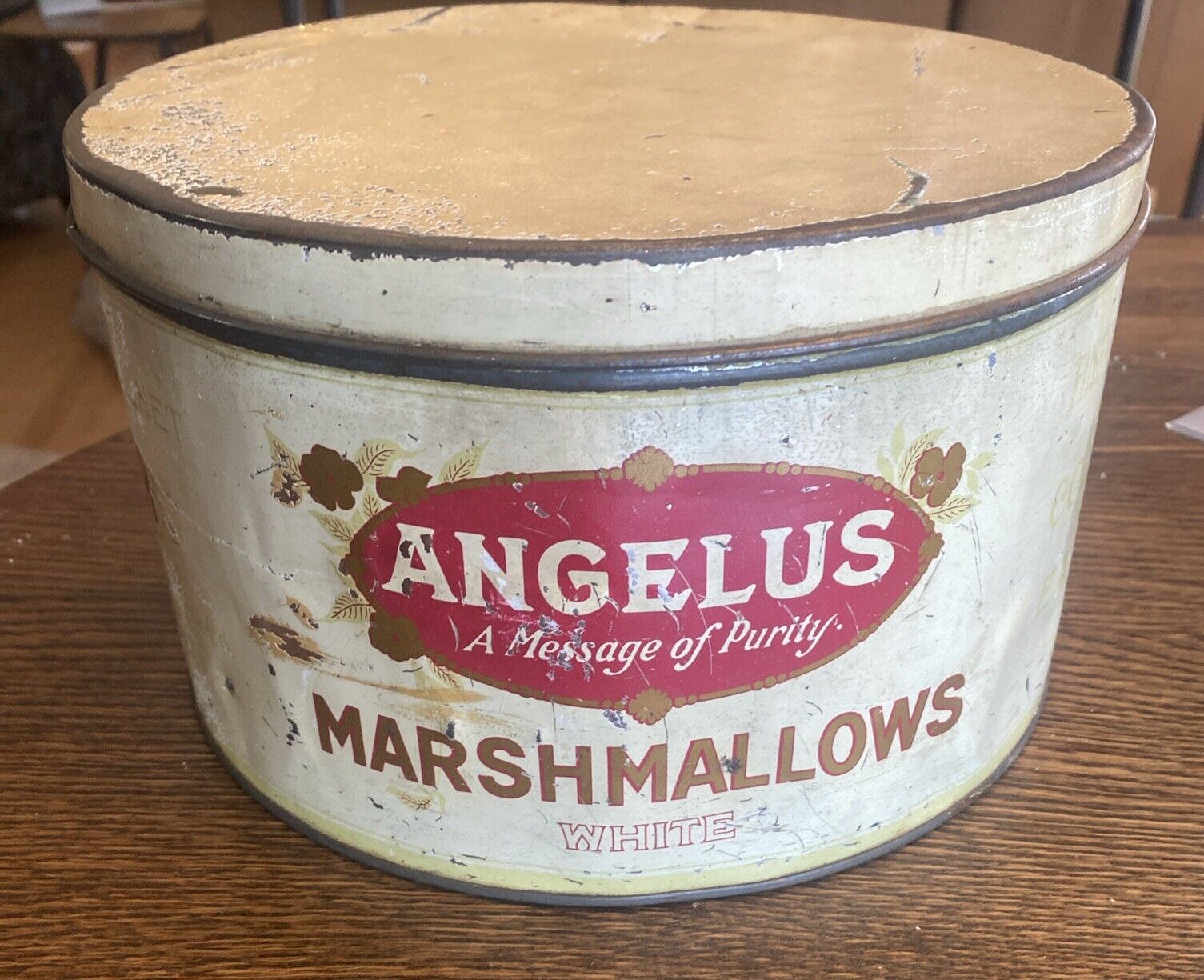 Vintage Angelus Marshmallows Tin 5 Lb Litho Cracker Jack Antique General Store