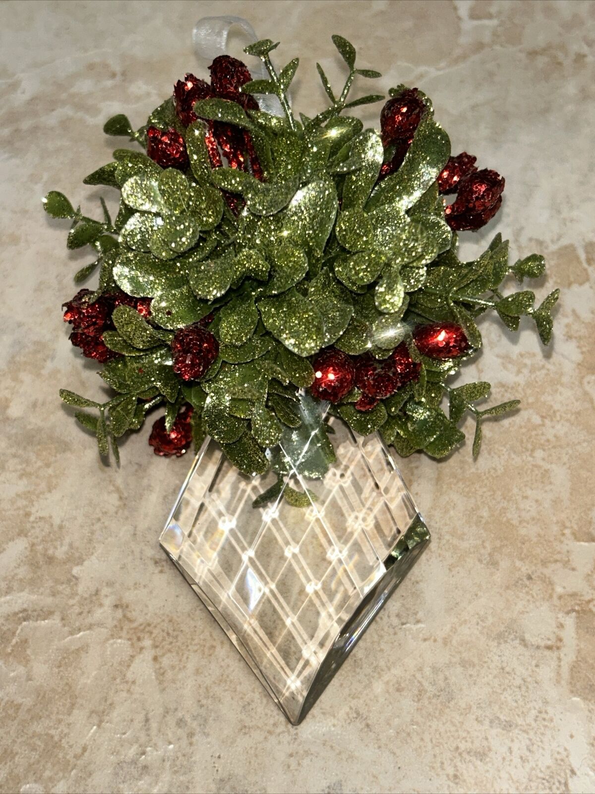 Vintage Mistletoe Crystal Hanging Christmas Ornament Glitter