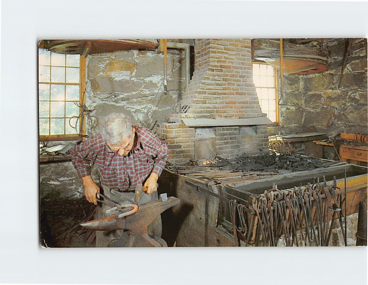 Postcard Hammering out a red hot horseshoe Moses Wilder Blacksmith Shop MA USA