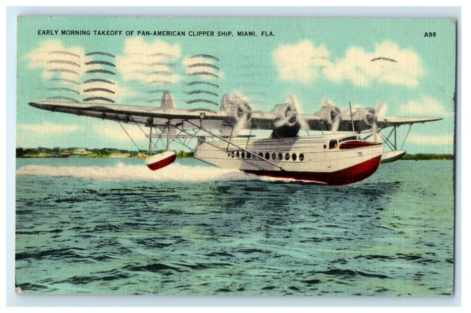 1940 Early Morning Takeoff Of Pan American Clipper Ship Miami Florida Postcard