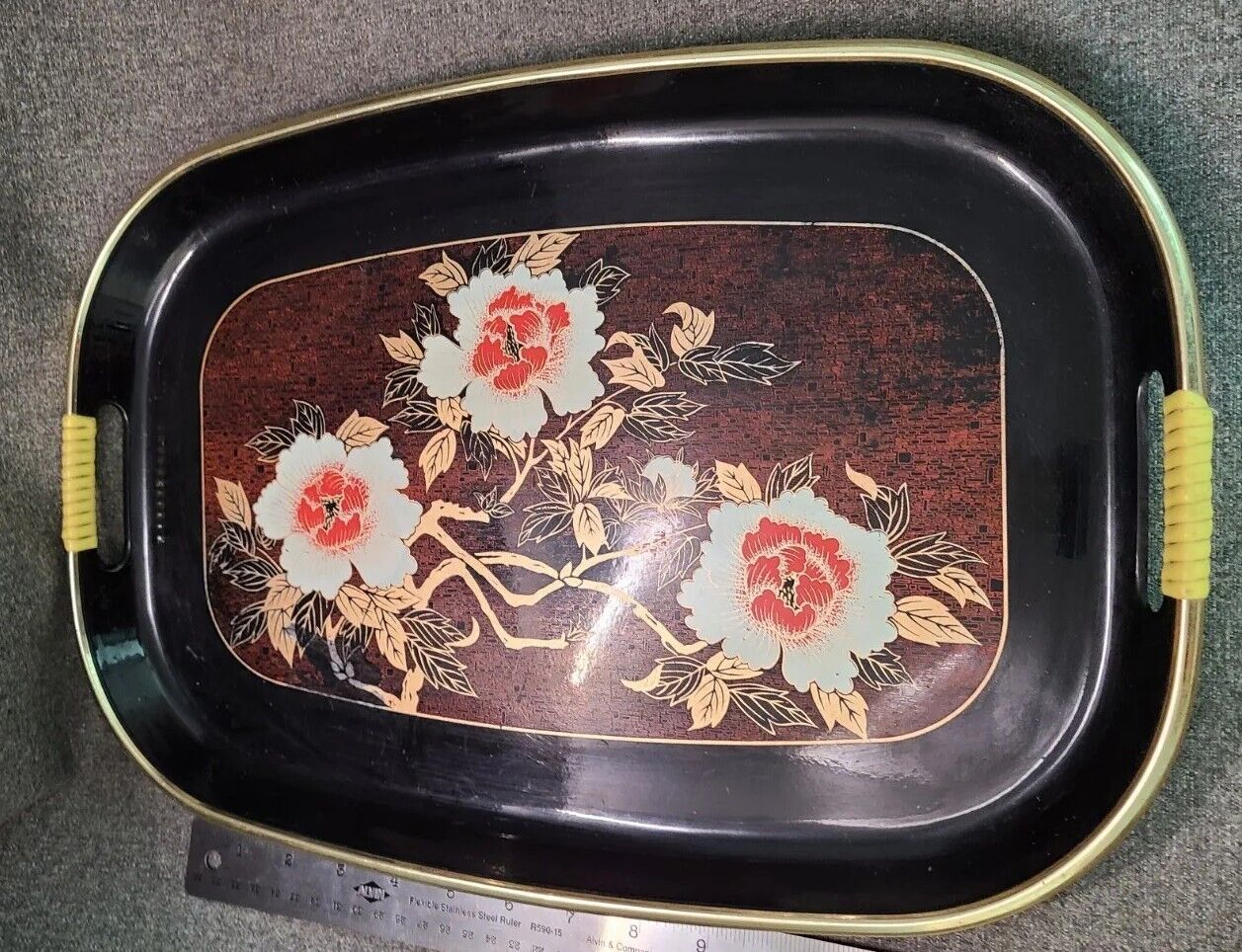 VINTAGE JAPANESE BLACK LACQUER TRAY 11 X 17 X 1 PEONY FLOWERS GOLD RIMMED