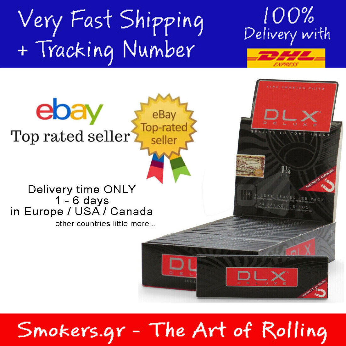 24 DLX Deluxe Ultra Thin Cigarette Rollihng Paper 1 1/4With MagnetΙc packs of 50