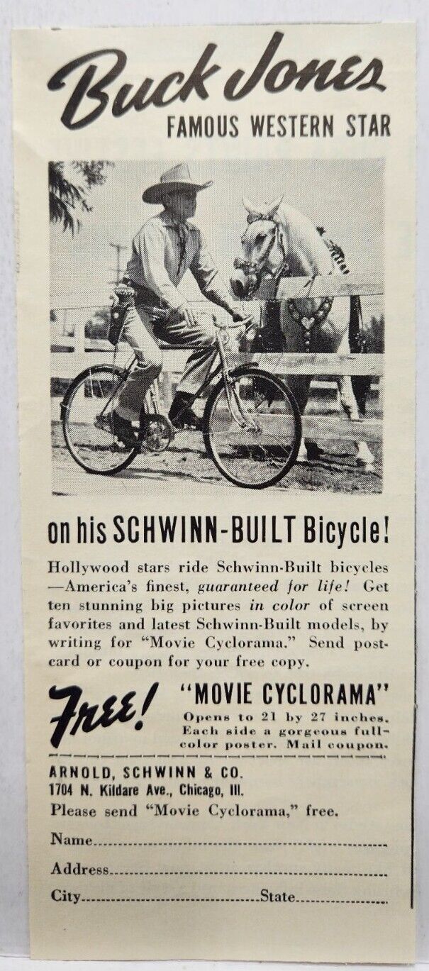 1941 Schwinn Bicycle Bike Buck Jones Western Star Print Ad Man Cave Poster Art