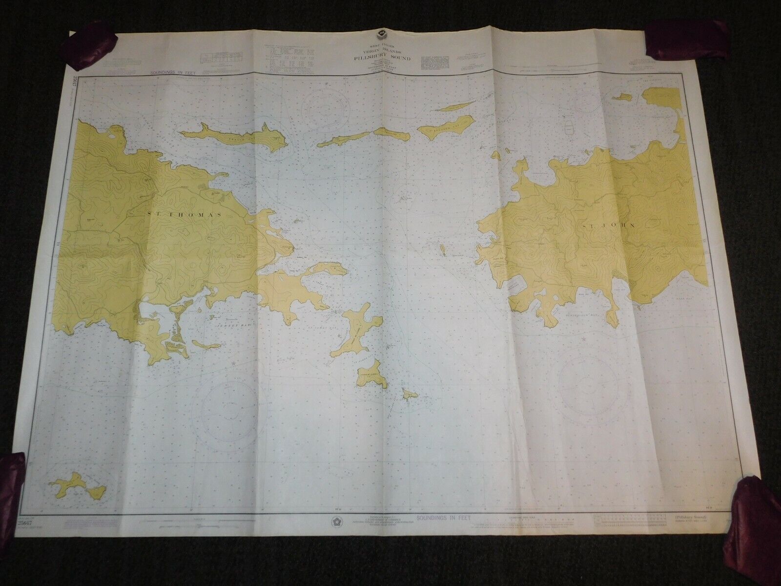 VINTAGE 1974 VIRGIN ISLANDS WEST INDIES PILLSBURY SOUND  SOUNDINGS MAP 47 X 36