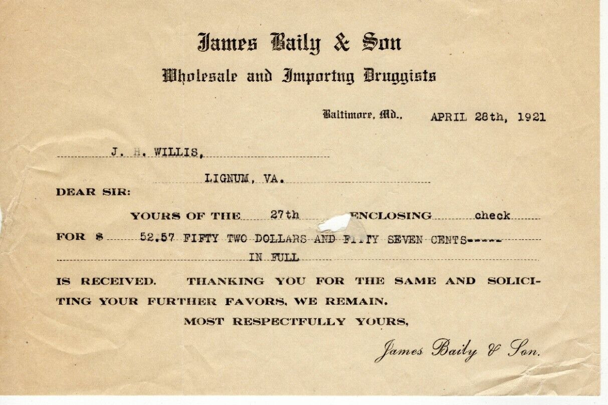 1921 James Bailey & Son Wholesale Importing Druggists Signed Document Baltimore