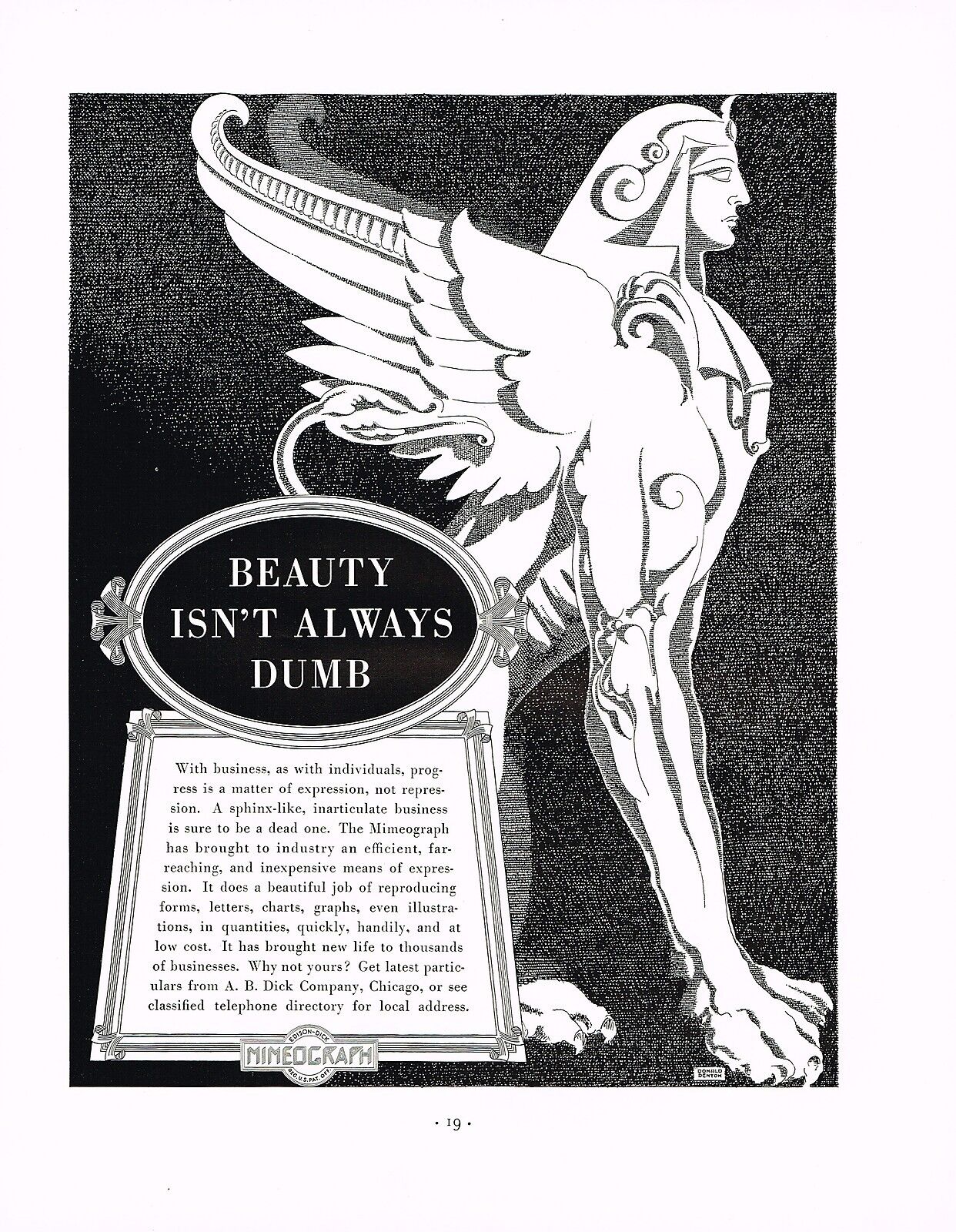 1930s BIG Vintage Mimeograph Donald Denton Egyptian Sphinx Art Print Ad