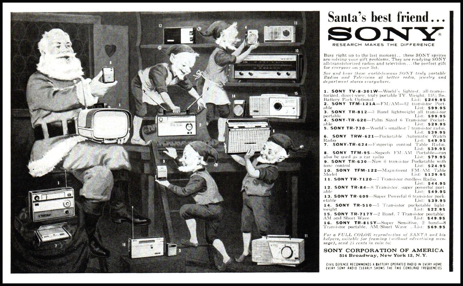 1961 Santa Claus & Elves Sony electronics tv radio vintage photo print ad ADL12