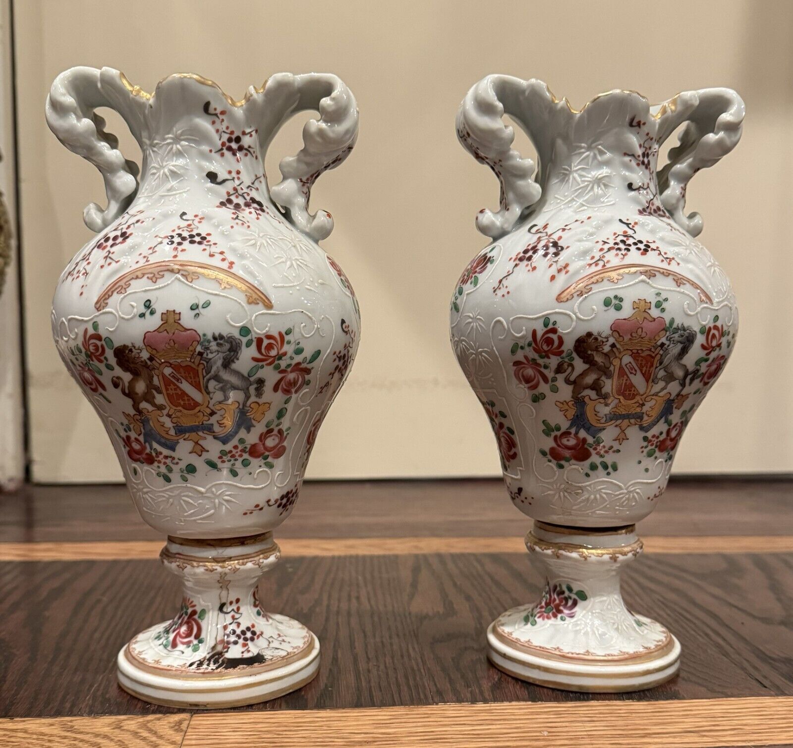 Pair French Samson Porcelain Armorial Urn Vases / Jars Chinese with floral motif