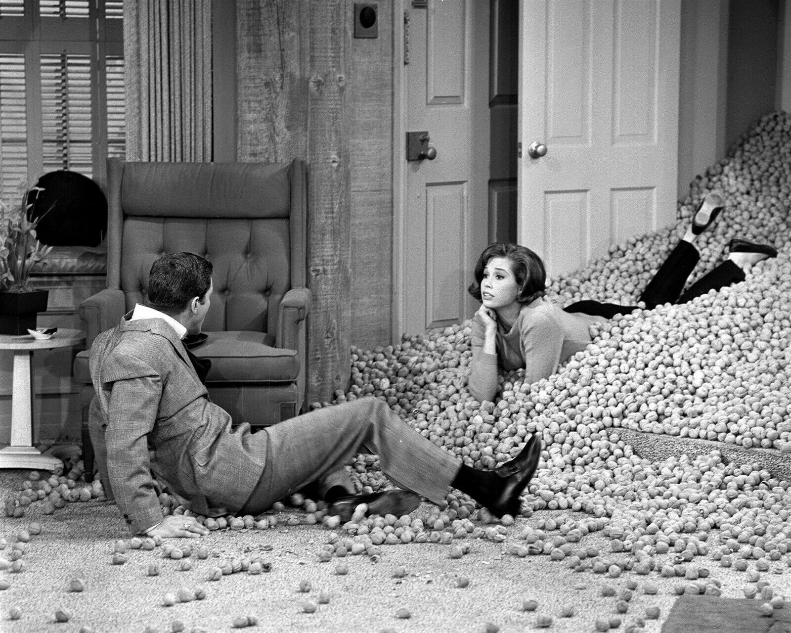 Dick Van Dyke Show 1963 Dick & Mary Tyler Moore in pile of walnuts 24x30 poster