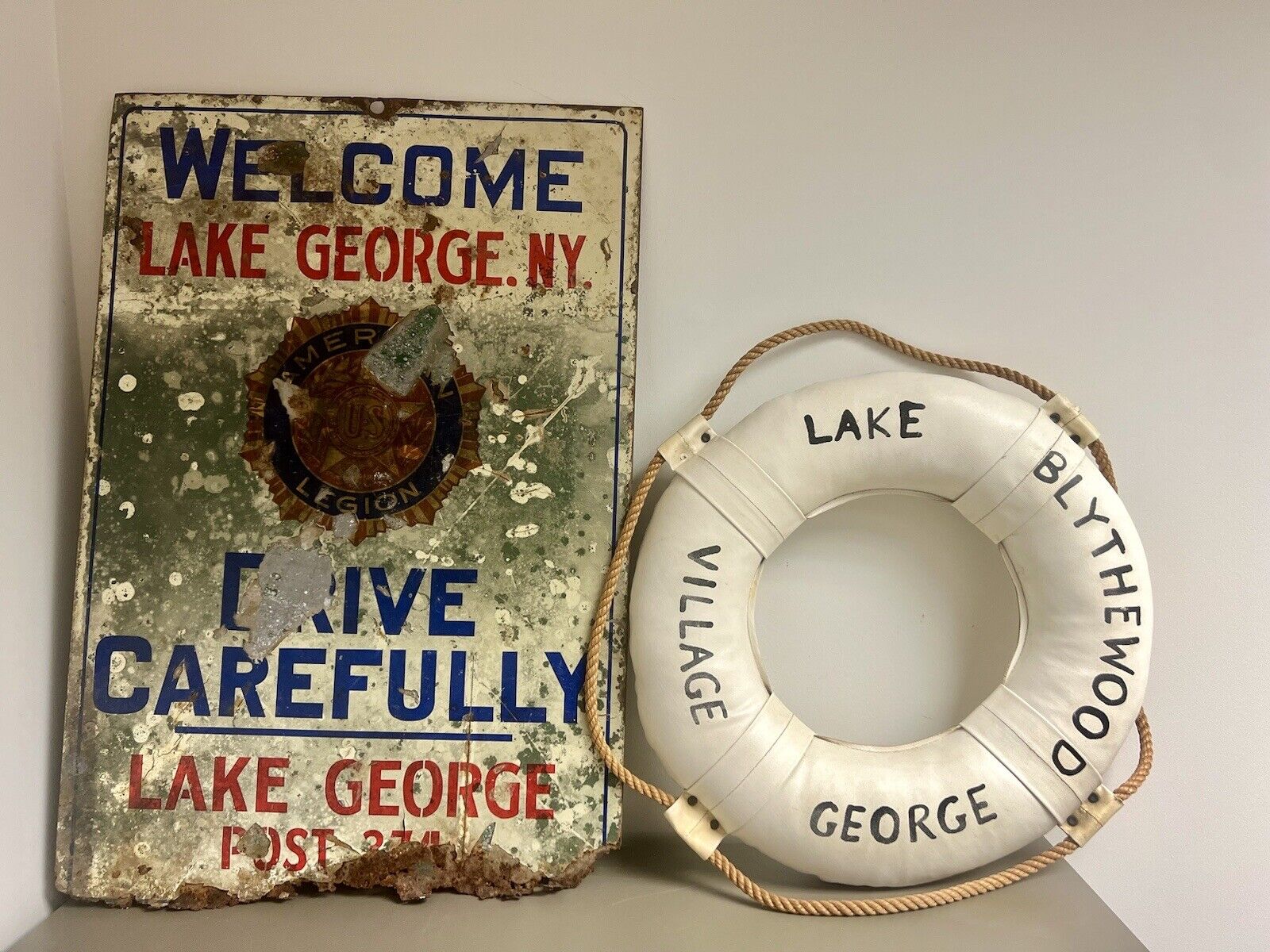 Vintage Lake George New York Road Sign + Life Buoy Camp or Bar Decor Adirondack