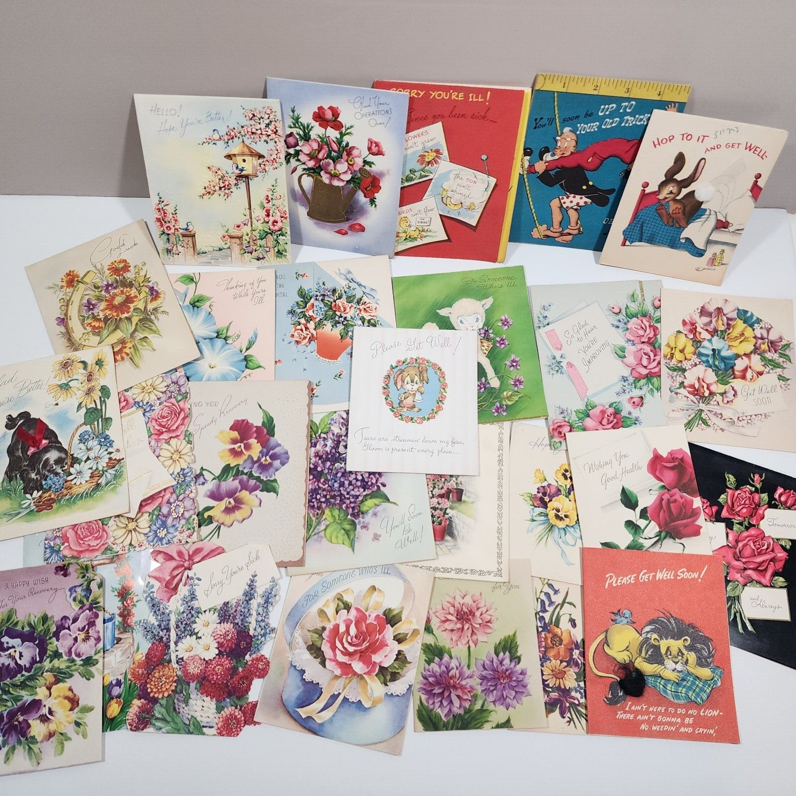 Vintage Get Well Greeting Cards Lot of 27 Novelty Die Cut Flowers Floral Nature