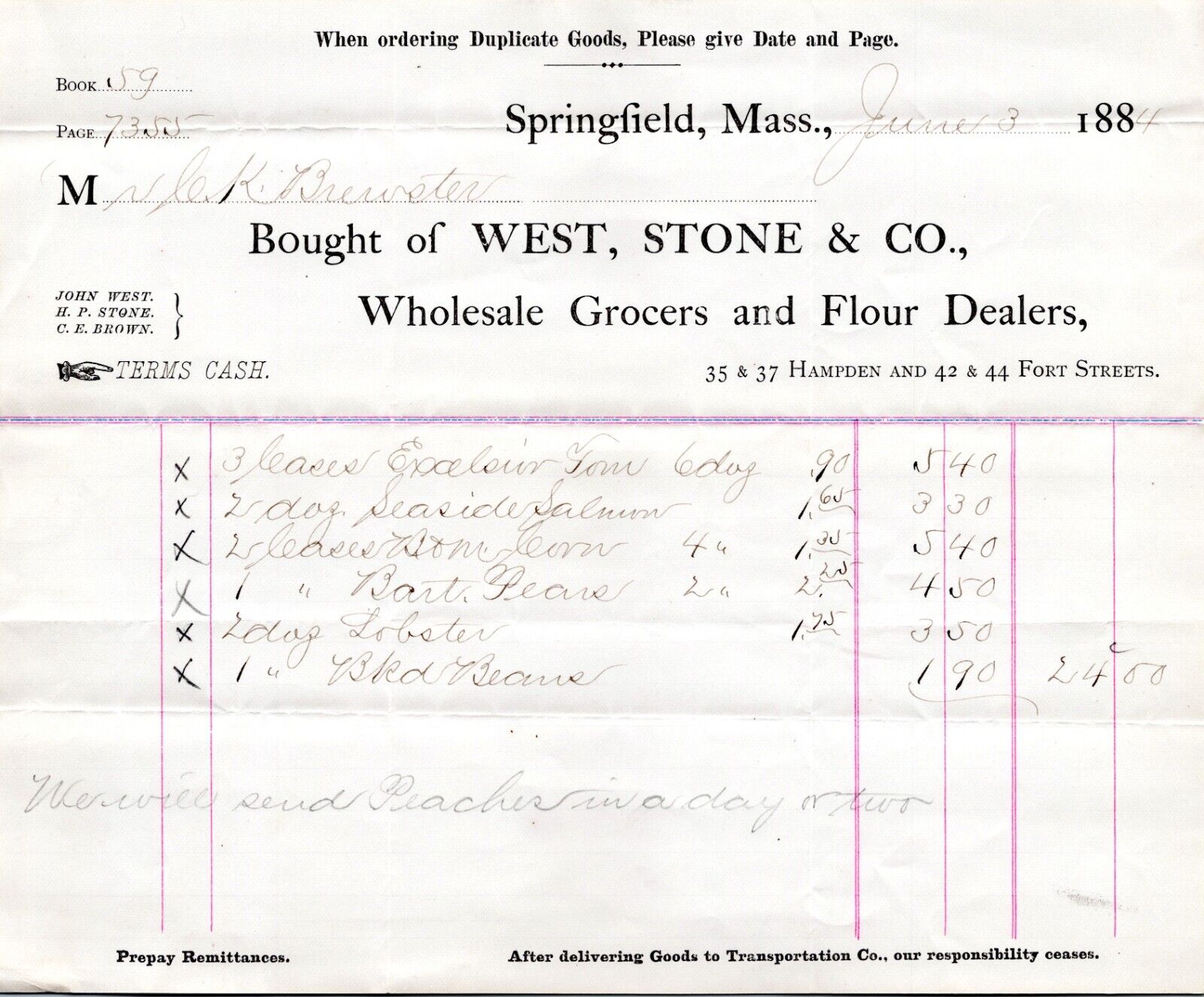 1884 Billhead - West, Stone & Co, Springfield Mass - Wholesale Grocers, Flour