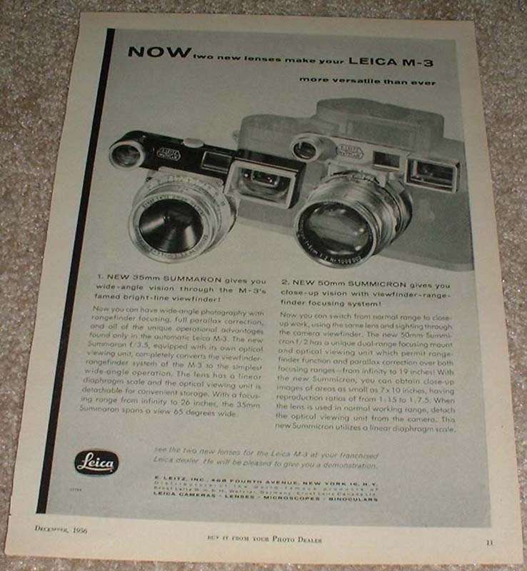 1956 Leica M-3 Camera Ad, Two New Lenses