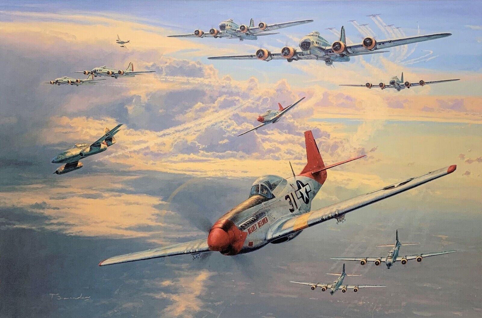 Long Haul to Berlin by Anthony Saunders aviation art signed by Tuskegee Pilots
