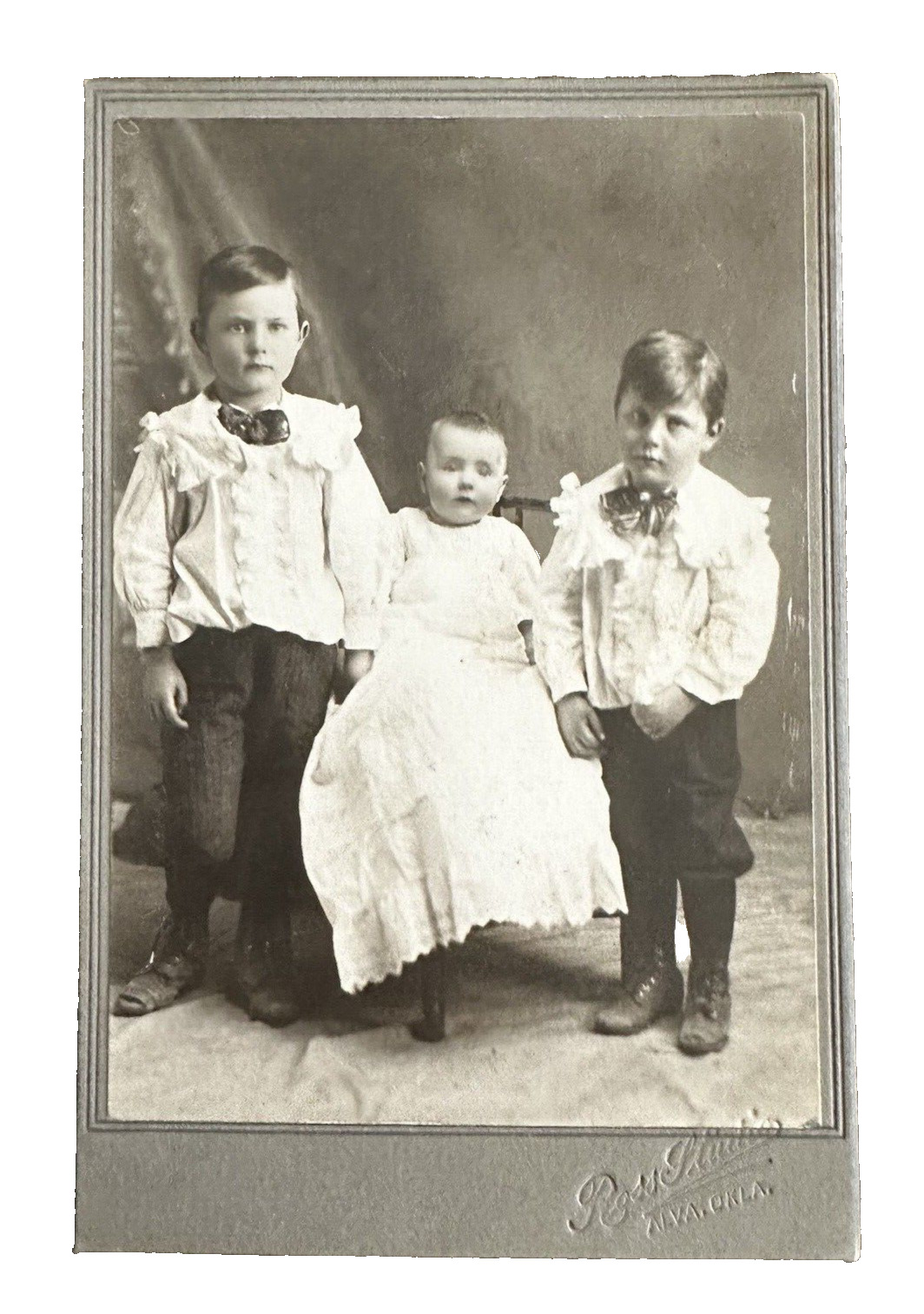 Antique Cabinet Card Photo Rosa Studios Alva OK Siblings Aging Spots Long Gown