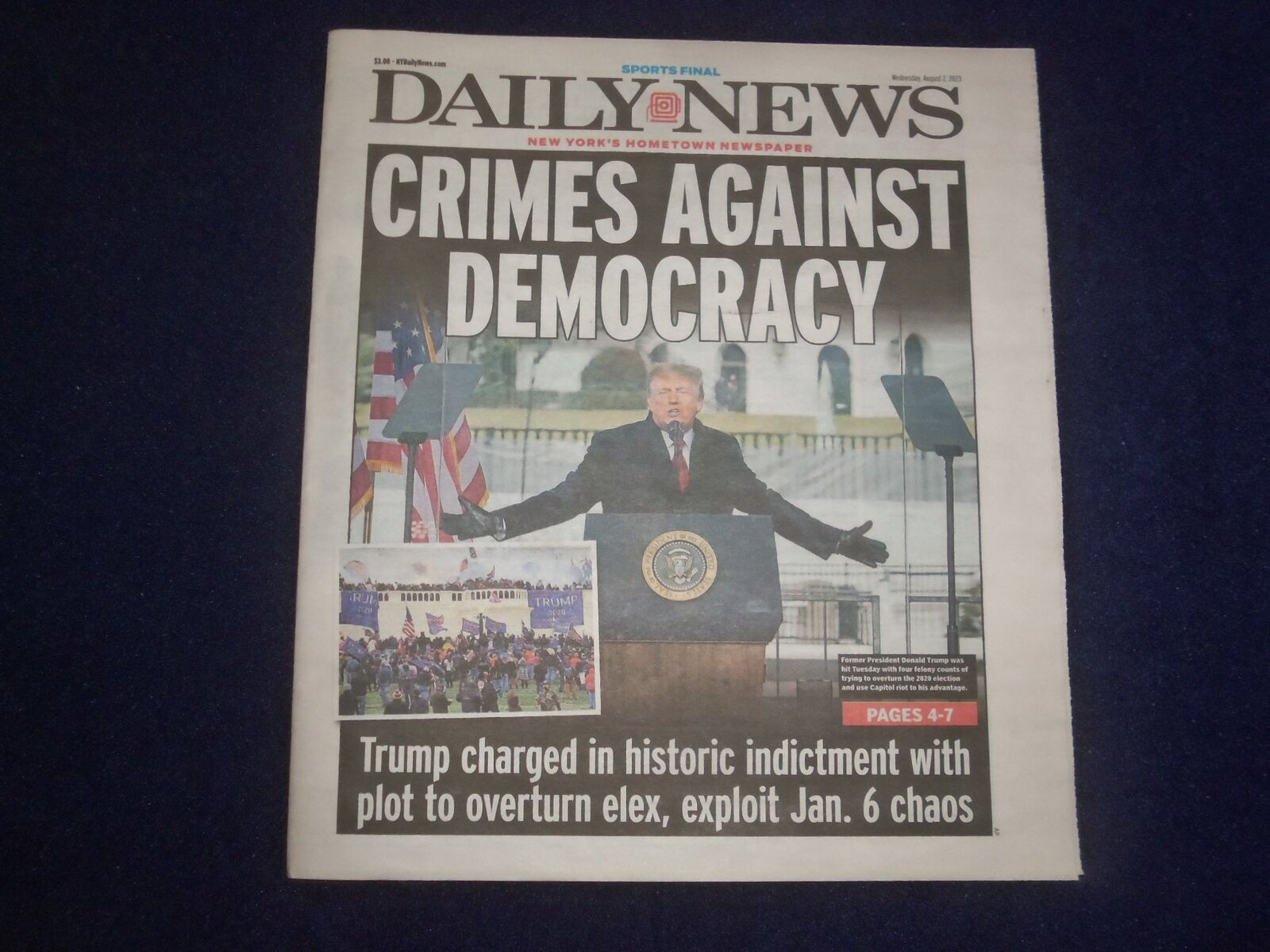 2023 AUGUST 2 NEW YORK DAILY NEWS NEWSPAPER - TRUMP - CRIMES AGAINST DEMOCRACY
