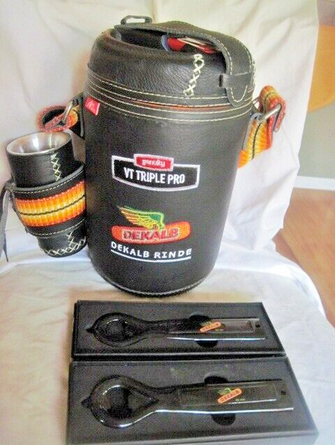 Dekalb thermos in leather and 2 bottle openers
