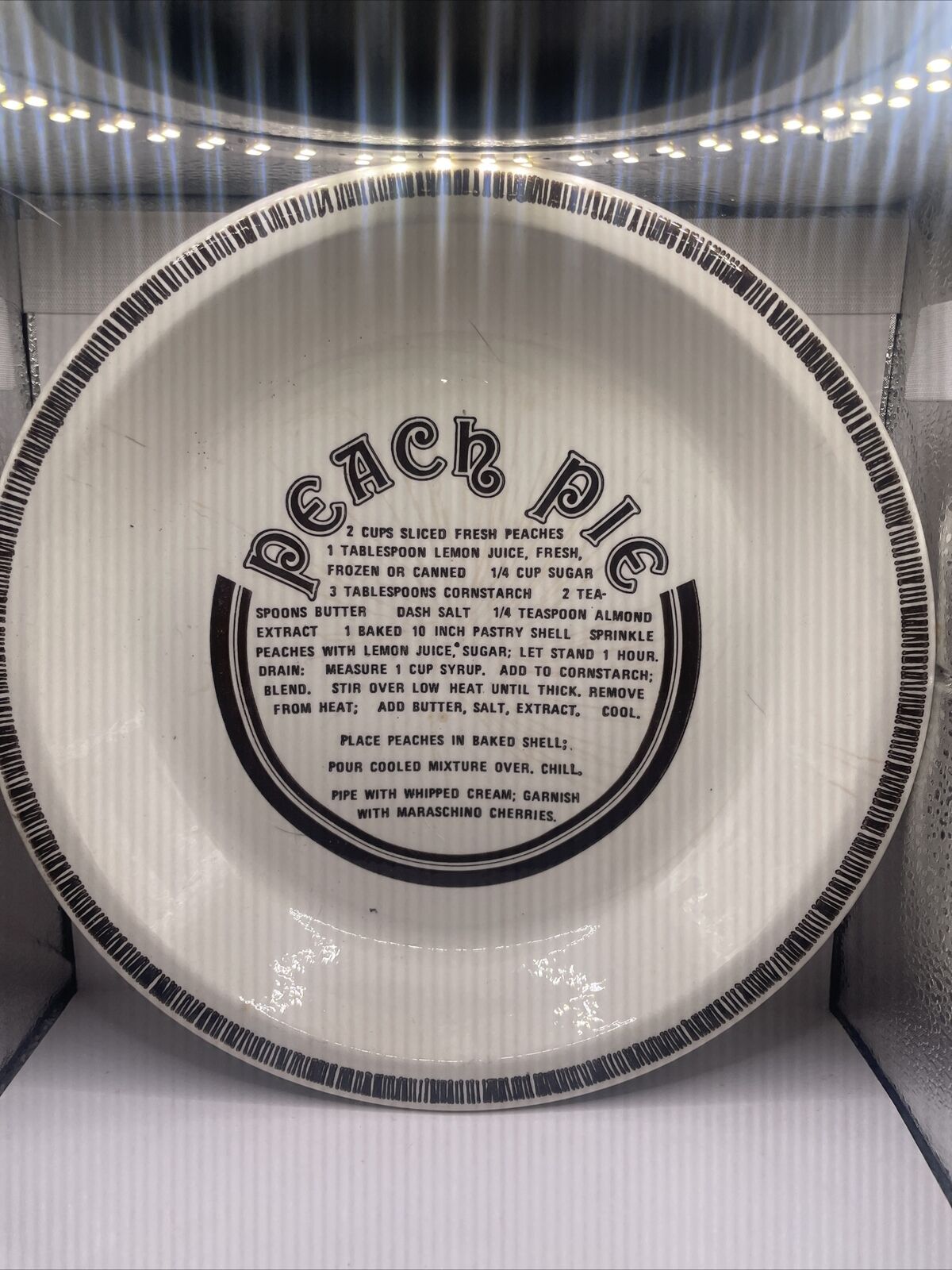 Peach Pie Recipe Design Brown Border Ceramic Pie Dish VTG
