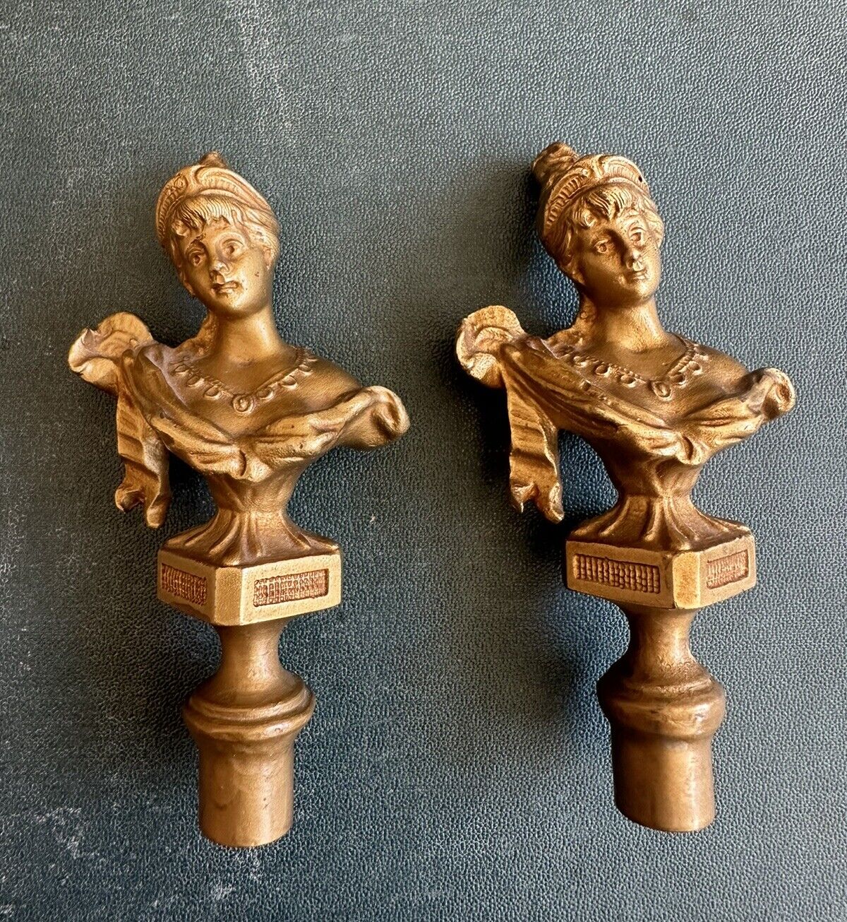Antique 1910s figural ladies bust gold plated flag finials