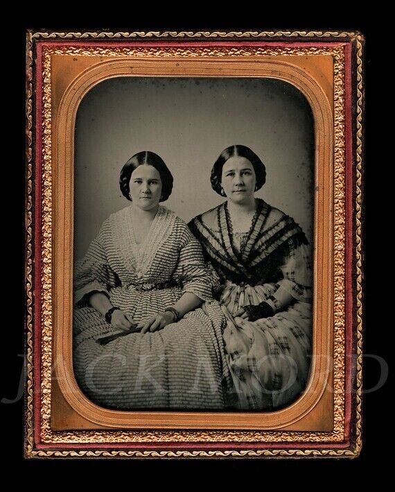 HALF PLATE Ambrotype Photo of Sisters or Twins Women Holding Fan 1850s