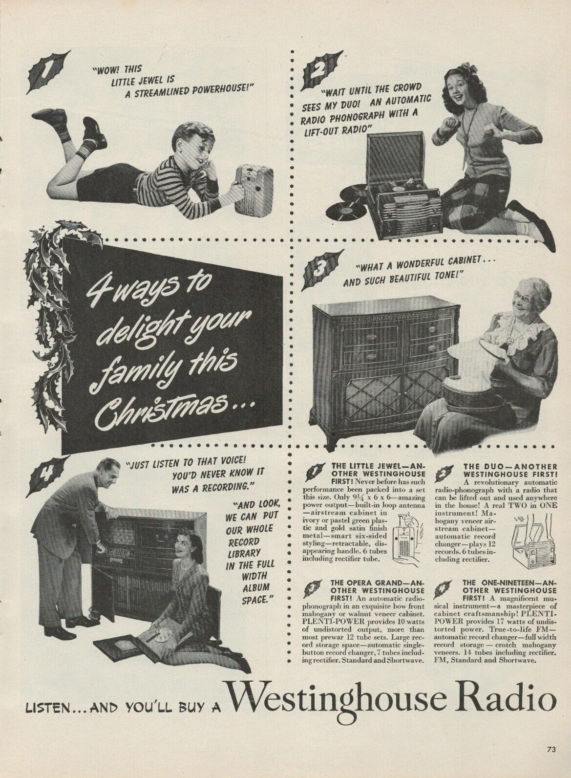 1946 Westinghouse Radio 4 Ways To Delight Your Family Hits Christmas Print Ad