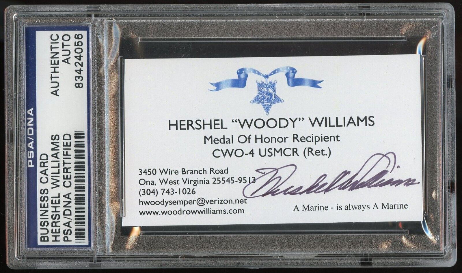 Hershel Williams d2022 signed autograph Business Card MOH WWII Marine Corps PSA