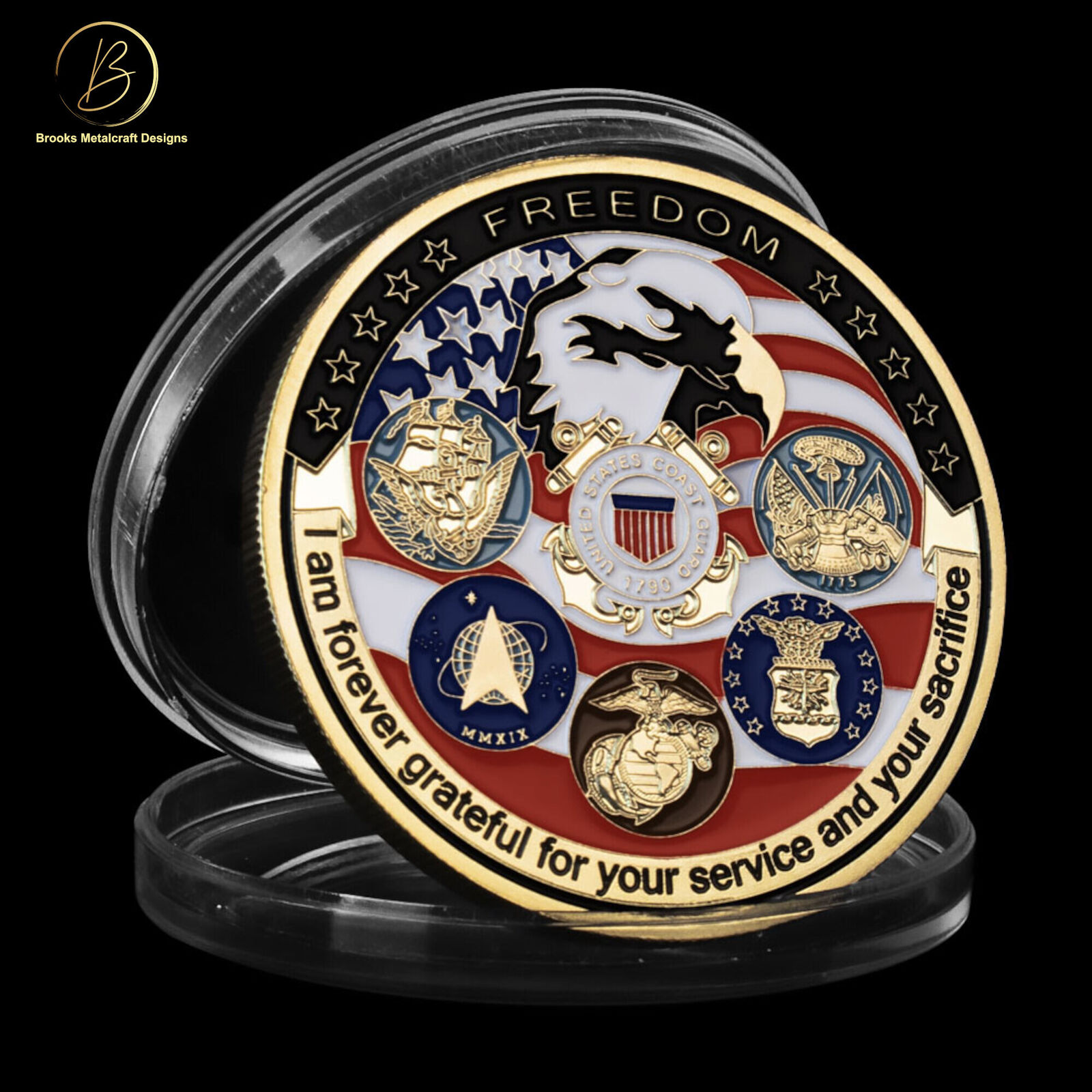 Freedom Eagle featuring all 6-Armed Forces Branches Challenge Coin 1.75 