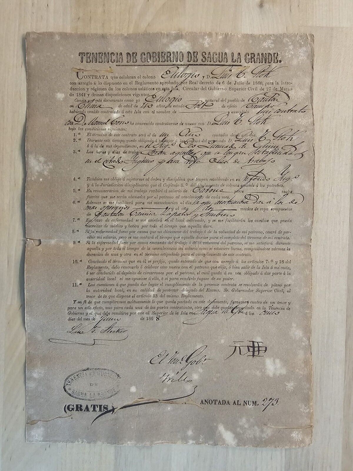 ANTIQUE 1868 CHINA CHINESE SLAVES SAGUA GRANDE CUBA CONTRACT DOCUMENT SIGNED