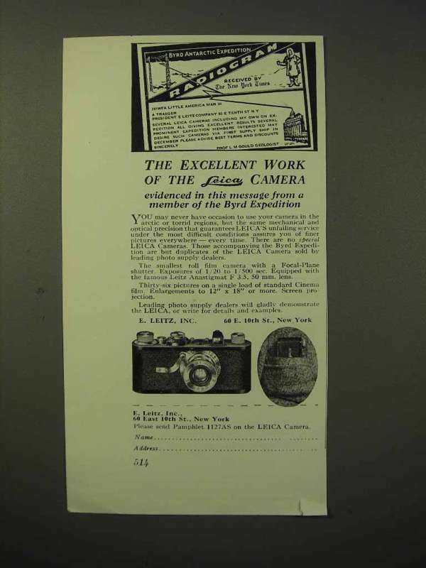 1929 Leica Camera Ad - Byrd Expedition