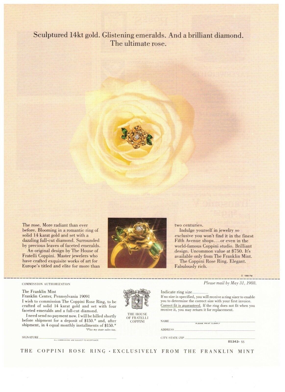 1989 Franklin Mint Fratelli Coppini Rose Ring Vintage Print Advertisement