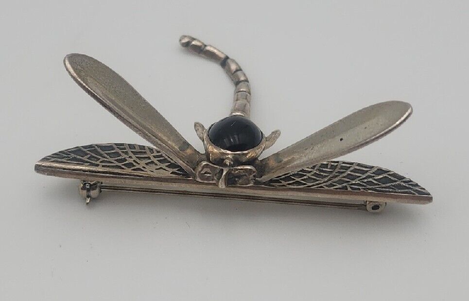 Vintage sterling silver 925 onyx Dragonfly insect brooch pin