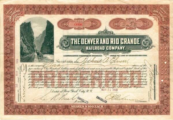 Denver and Rio Grande Railroad Company - Stock Certificate (Blue)