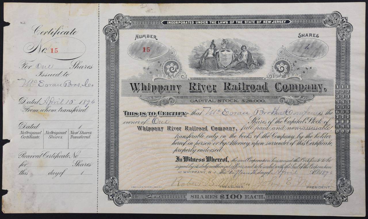 VERY Rare 1896 New Jersey Whippany River Railroad Company Stock #15 NJRR