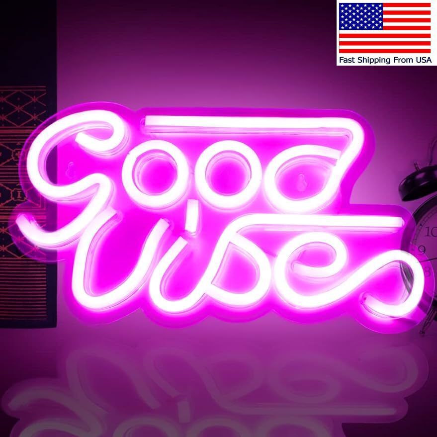 Good Vibes Neon Sign,Pink Led Light Sign for Bedroom Wall with USB,Acrylic Board