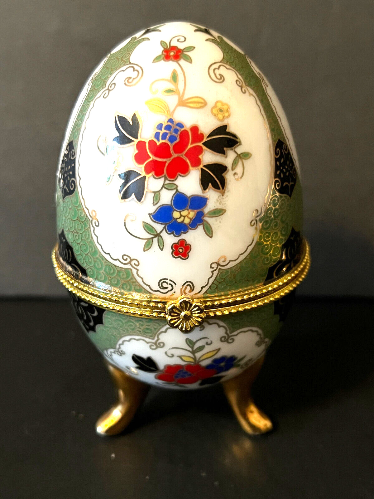 Vintage Ceramic Egg Shaped Trinket Box, Red Green Gold Floral, Footed, Hinged