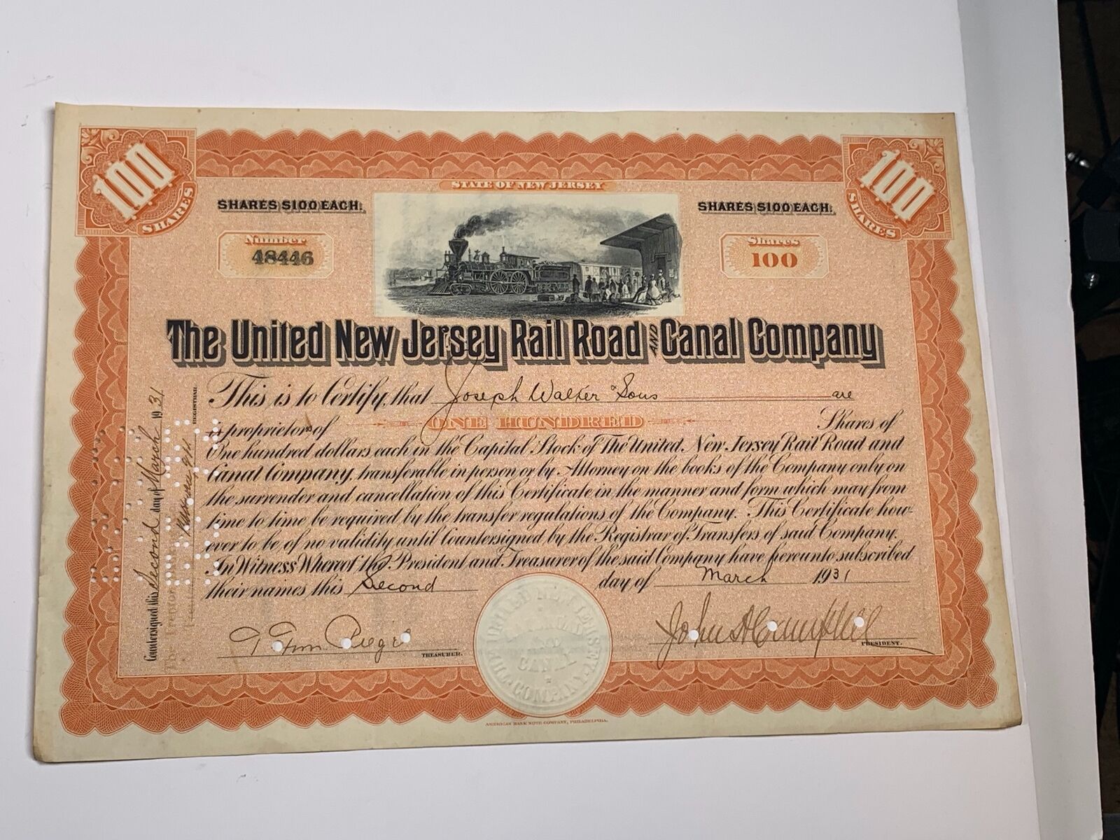 Railroad Stock Certificate United New Jersey Railroad + Canal Co 1931