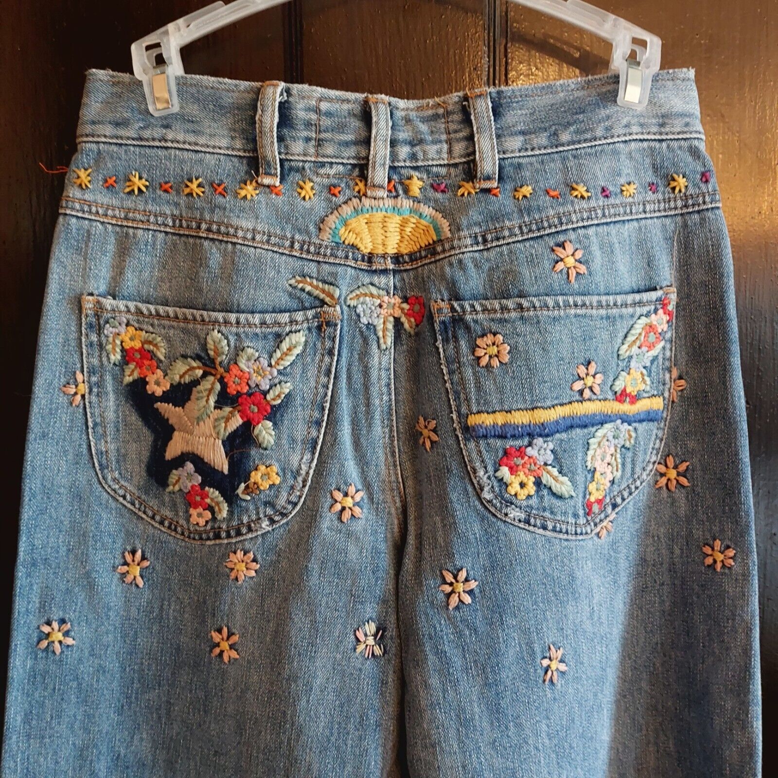 FREE PEOPLE JEANS TAPESTRY FLORAL EMBROIDERY WOMENS WIDE LEG SZ 25