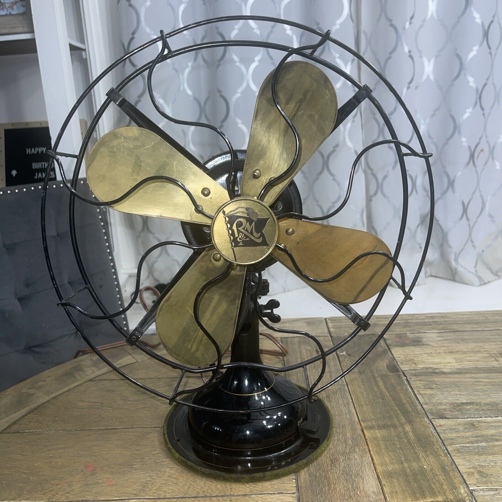 Antique ROBBINS & MYERS 3804- 4 Brass Blade & Black Cage Oscillating Fan-WORKS