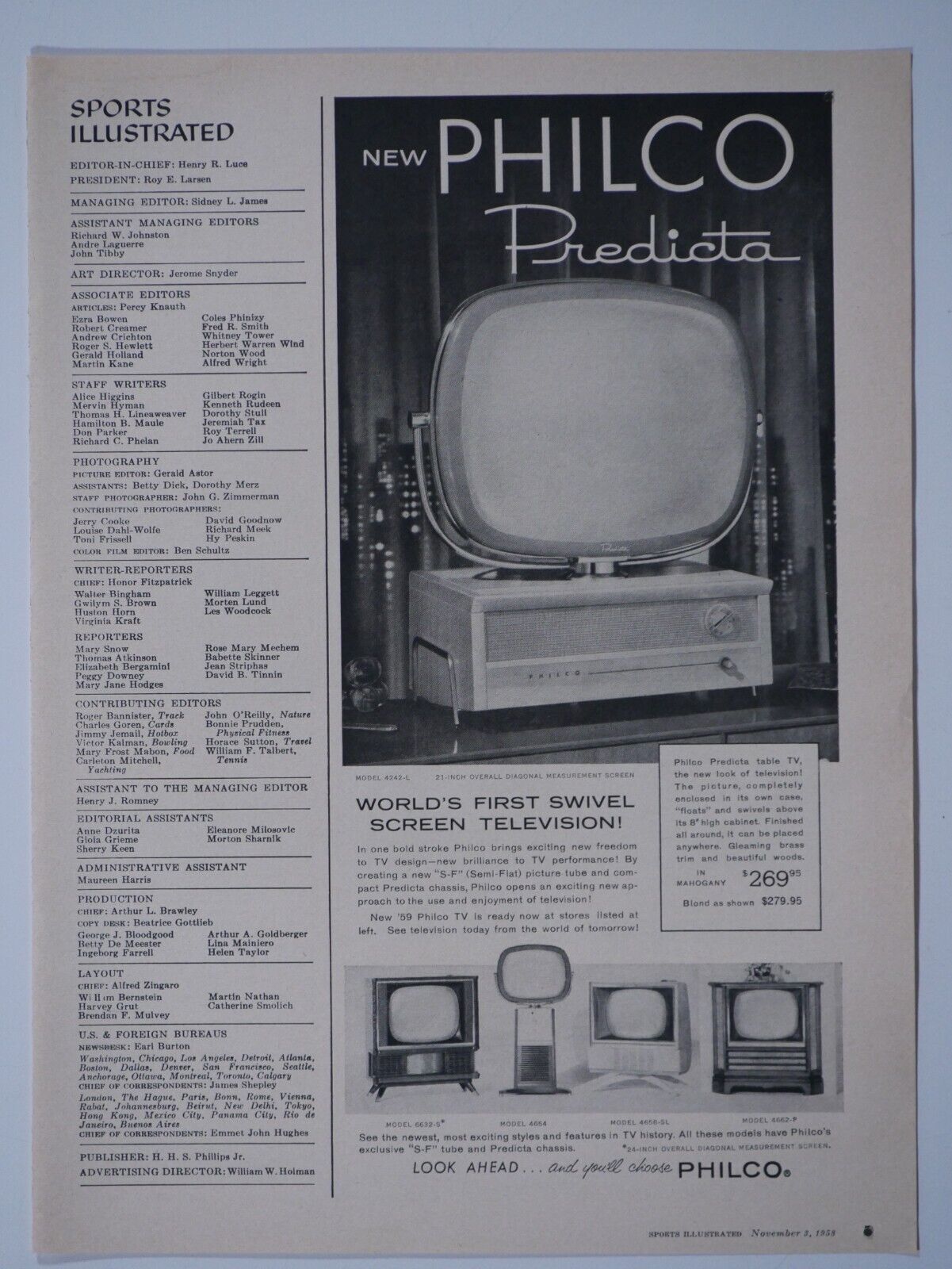 Philco Predicta World's 1st Swivel Screen TV VTG 1958 1/2 Page Original Print Ad