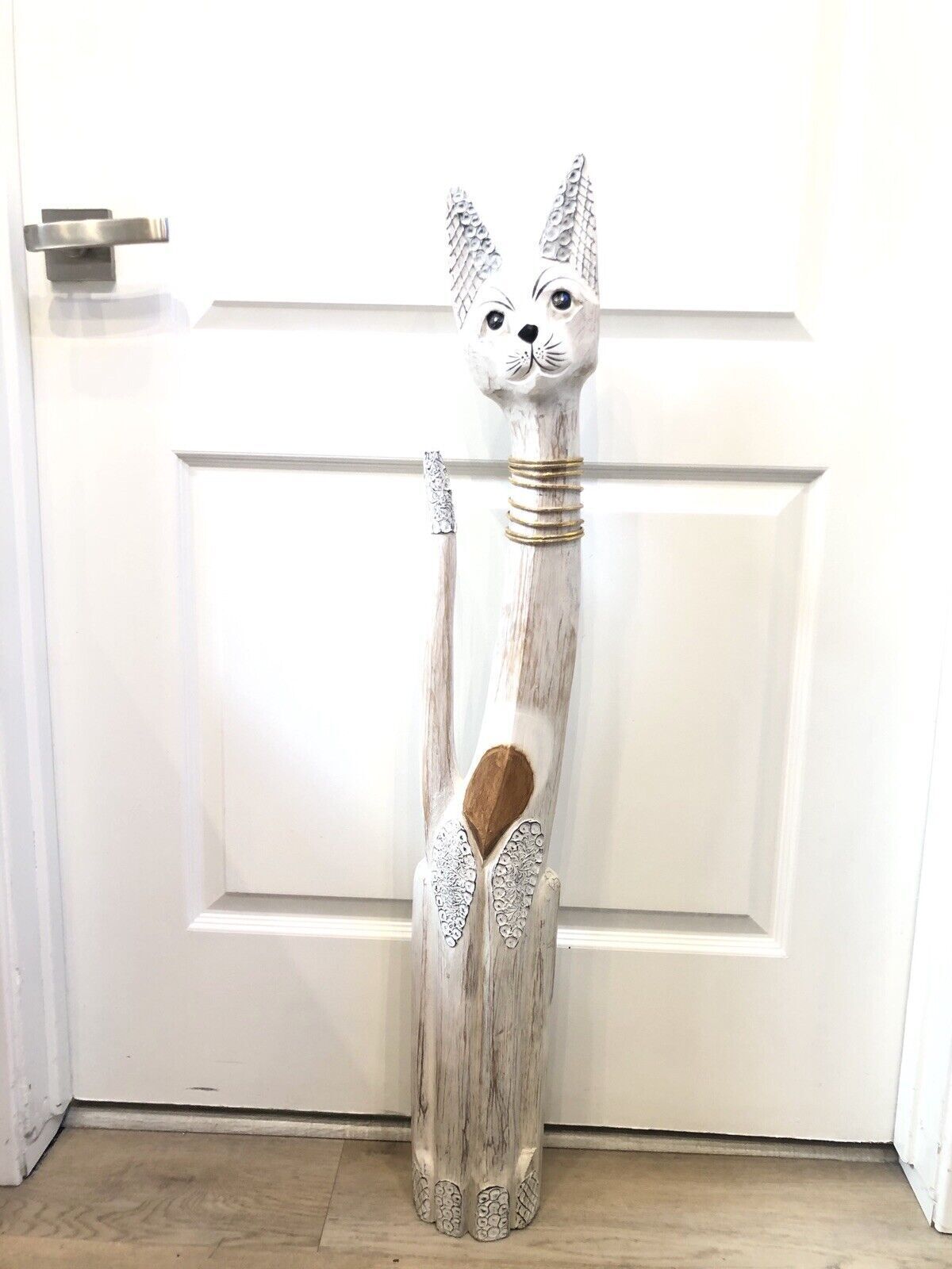 Cat Tall Statue Wood Hand Carved Gold Straw And Paint Details By Zenda Lmp