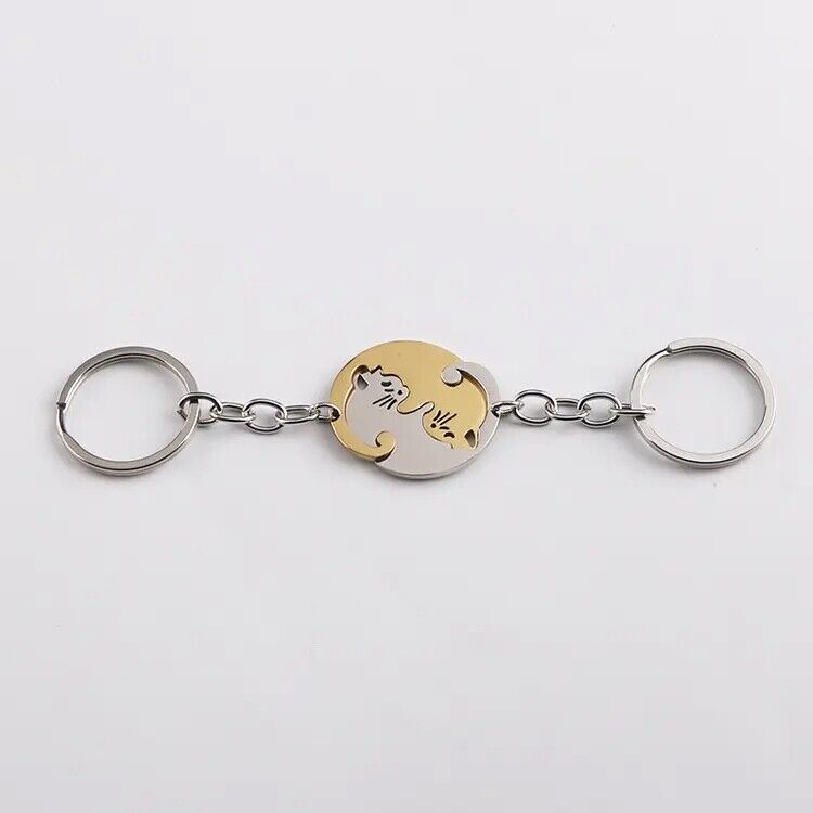 2pcs Couple BFF Friendship Yin & Yang Cat Keychain Stainless Steel - Gold/White