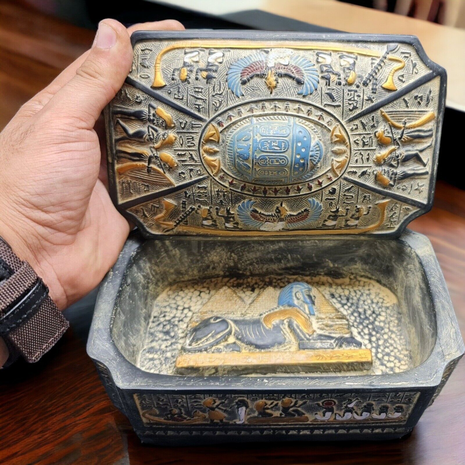 Rare Ancient Egyptian Scarab Jewelry Box - Winged Isis, Sphinx, Pyramids | BC